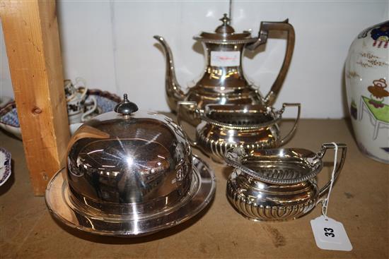 Edwardian 3-piece silver plated tea set and a similar dish